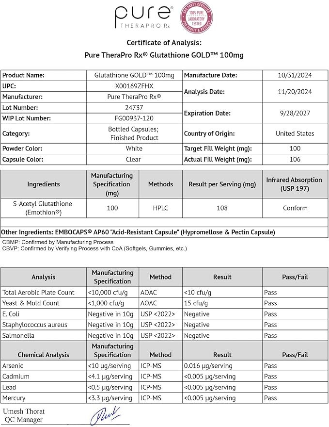 Pure Therapro Rx S-Acetyl Glutathione Gold 100mg, Made in USA - 4 Month Supply | Acid Resistant Capsules | Patented Acetylated Form of Glutathione | Zero Fillers, Pharmaceutical Grade, Non GMO