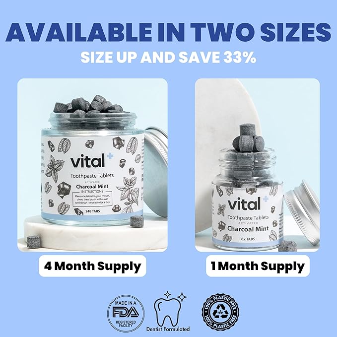 Vital Toothpaste Tabs with Nano-Hydroxyapatite | Naturally Whitens + Remineralizes Teeth | Fluoride & Plastic Free | Combats Sensitivity | Travel & Eco Friendly | Charcoal Mint | 62 Tablets (1 Month)