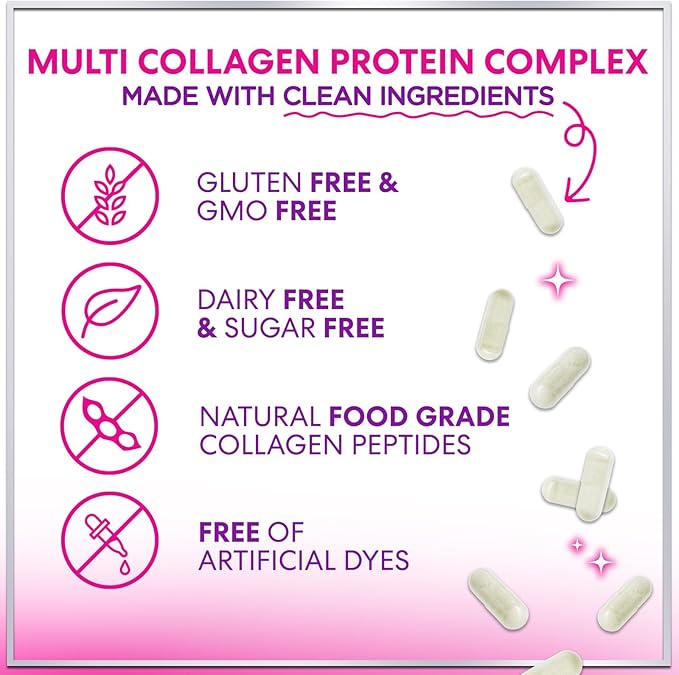 Multi Collagen Peptides Supplement - Hydrolyzed Types I, II, III, V & X Multi Collagen Pills, Hydrolyzed Collagen Peptides Supplements, Hair, Skin, Nail, and Joint Support Supplement, 120 Capsules