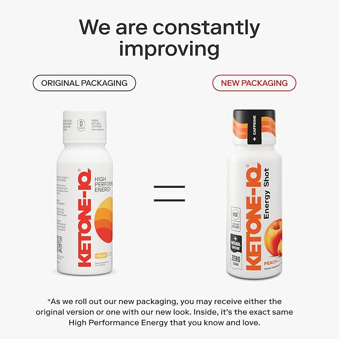 Exogenous Ketone Energy Shots with Caffeine - 24 Pack of Green Tea Caffeine Shots with 5g Bioidentical Ketones and B Vitamins - Fast Acting, On The Go Clean Energy Drink (Peach)