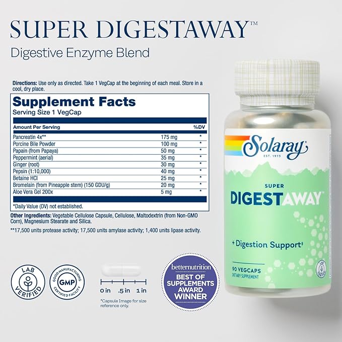 SOLARAY Super Digestaway Digestive Enzymes - Pancreatin, Papain, Ginger, Pepsin, Betaine HCl, Aloe Vera, and More - Digestion & Nutrient Absorption Support - Lab Verified - 90 VegCaps