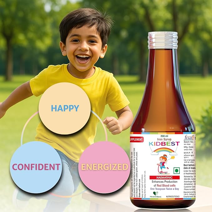 Liquid Iron Syrup for Kids – Triple Action with Folic Acid and Zinc – Boosts Hemoglobin, Appetite, and Immunity – No Metallic Taste – 200ml Liquid Supplement, Safe & Effective