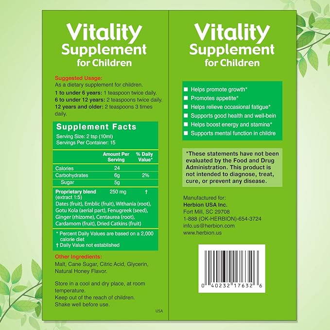 HERBION Naturals Vitality Supplement for Children, Promotes Growth and Appetite, Relieves Fatigue, Improves Mental & Physical Performance, for Kids 1 Year & Above (Pack of 24)