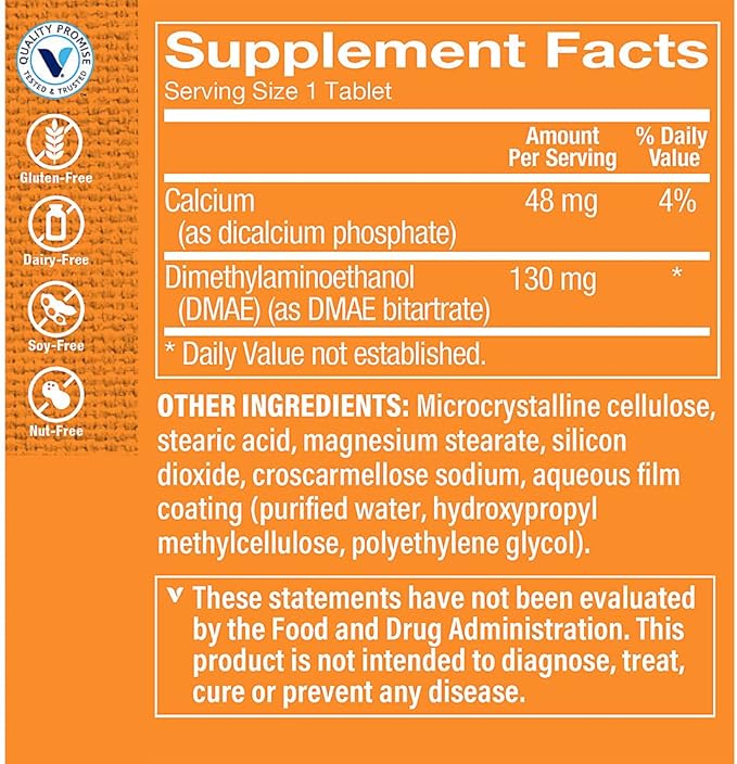 The Vitamin Shoppe DMAE 130MG (DIMETHYLAMINOETHANOL), Supports Brain, Focus, Attention and Energy Supplement (240 Tablets)