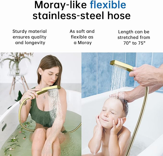 G-Promise All Metal 12 Inches Rainfall Shower Head with Handheld Spray Combo, 3 Settings Diverter, Adjustable Extension Arm with Lock Joints, 71 Inches Stainless Steel Hose (Polished Brass)