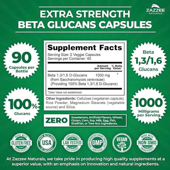 Zazzee Extra Strength 1,3/1,6 Beta Glucans, 1000 mg, 100% Concentrated, 90 Vegan Capsules, Supports a Healthy Immune System, 100% Vegetarian, All-Natural and Non-GMO