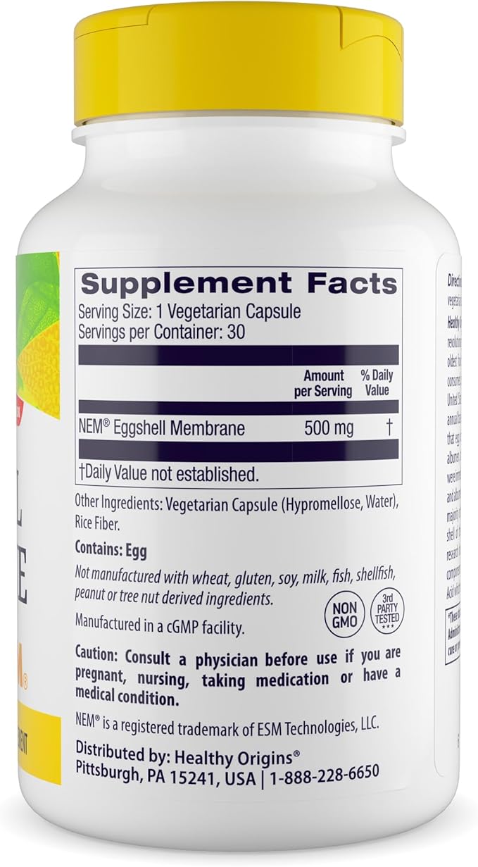 Healthy Origins Eggshell Membrane 500 mg (NEM, Non-GMO, Gluten Free, Joint Support), 30 Veggie Caps