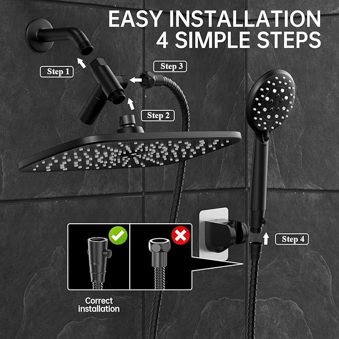 Veken 11.8 Inch Rectangle Rain Shower Head - Shower Heads with 6 Modes Handheld Spray Combo - Wide Rainfall shower with 70" Hose - 1.8gpm Dual Showerhead with Anti-Clog Nozzles - Matte Black