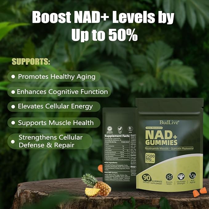NAD+ Gummies – Sugar-Free NAD Supplement with Liposomal Nicotinamide Riboside, Resveratrol & Quercetin – Anti-Aging, Cellular Energy & Health Support – Blueberry Flavor, 90 Gummies