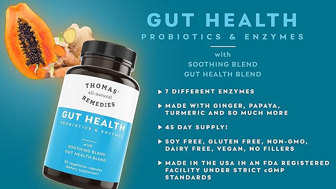 Thomas' all-natural Remedies Gut Health with Digestive Enzymes, Probiotics, Ginger, Papaya, and Turmeric for Digestion and Bloating Relieve