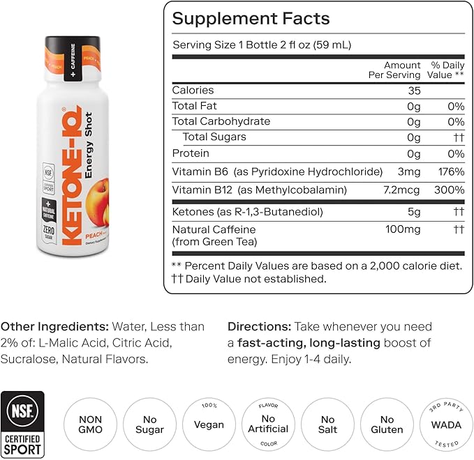 Exogenous Ketone Energy Shots with Caffeine - 24 Pack of Green Tea Caffeine Shots with 5g Bioidentical Ketones and B Vitamins - Fast Acting, On The Go Clean Energy Drink (Peach)