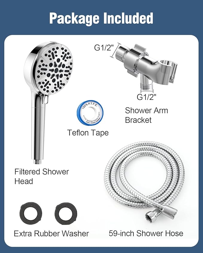 Filtered Shower Head with Handheld, BOWGER 6 Modes High Pressure Shower Heads with Power Wash Mode and Hard Water Filter, Detachable Hand Held Showerhead Set with Extra Long Hose, Chrome