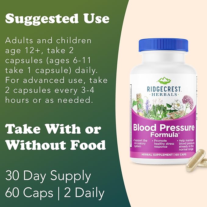 RidgeCrest Herbals Blood Pressure Herbal Formula, 12 Herbs, Poria Mushroom, Gastrodia, Gardenia, for Heart, Vascular, Circulation Health (60 Count (Pack of 1))