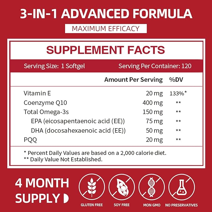 CoQ10-400mg-Softgels with PQQ & Omega 3, Maximum Absorption Coenzyme Q10, Powerful Antioxidant for Heart Health & Energy Production, 120 Count, Non-GMO