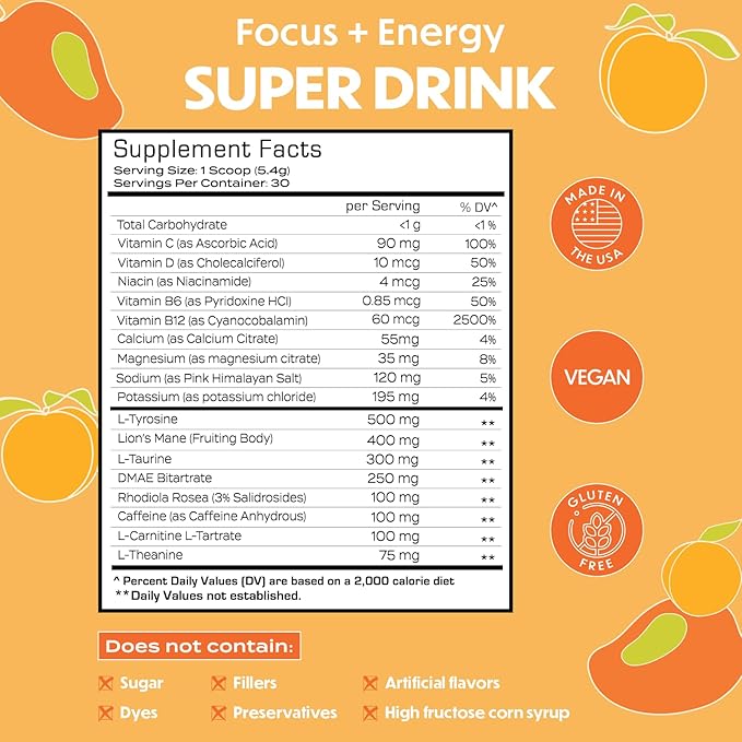 Forgge Energy Booster Super Drink - Clean Caffeine + B12, B6, C & D Vitamins - Sugar Free Energy Drink Powder with Electrolytes, Amino Acids, Antioxidants, Lions Mane - Vegan, Keto-Friendly - 30 SVG, Peach Mango
