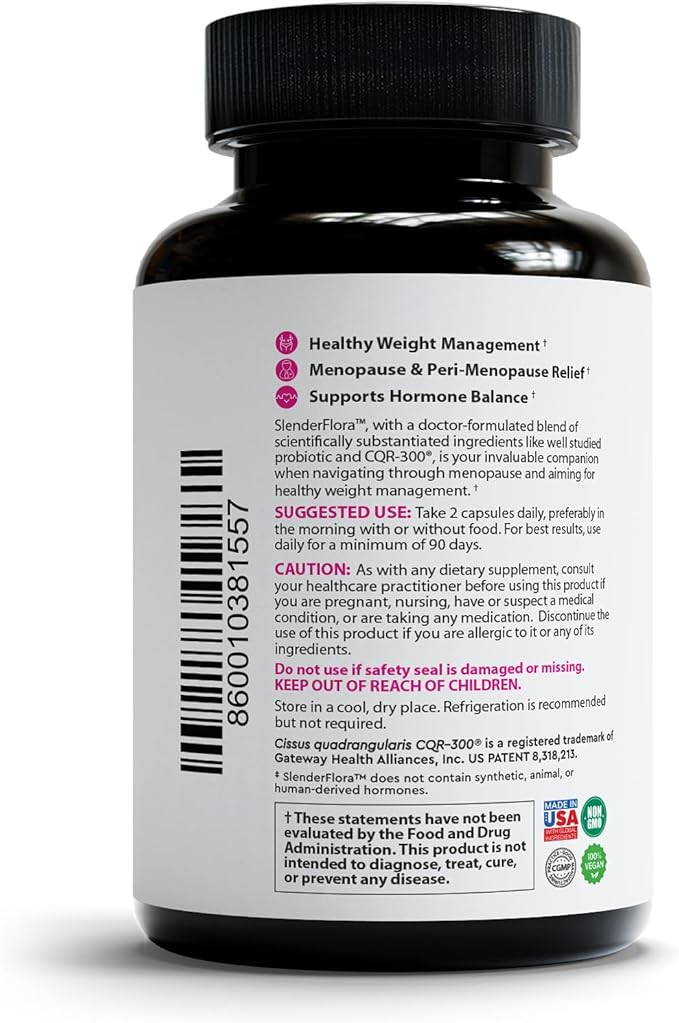 SlenderFlora - Menopause Probiotic Supplement | Weight Management, Hot Flashes, Night Sweats, Bloating | 70 Billion CFU | Gluten, Soy & Dairy Free | 60 Ct, Pack of 2