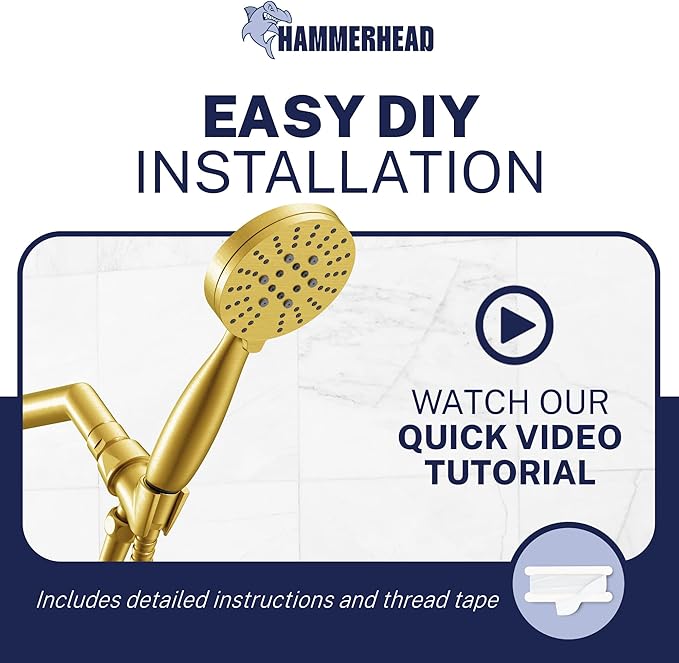 HammerHead Showers® Solid Metal 3-Spray Handheld Shower Head with Long Hose and Holder - BRUSHED GOLD - WIDE, MASSAGE, and MIST Sprays - 1.8 GPM Low Flow Handheld Showerhead - Water Saving Shower Head