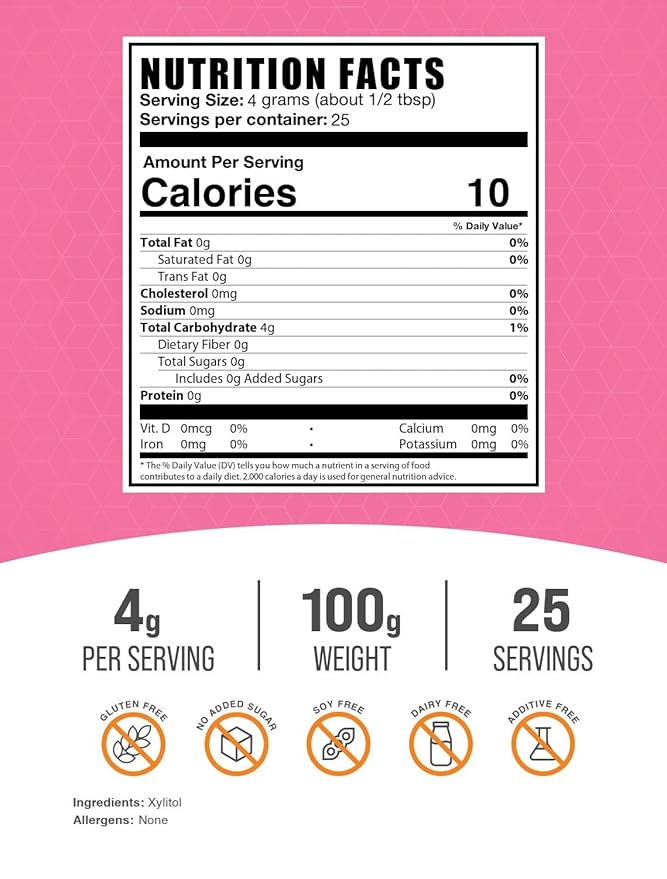BulkSupplements.com Xylitol Powder - Xylitol Sweetener, Sugar Substitute For Baking & Cooking - Low Calorie & Gluten Free, 4g per Servings, 100g (3.5 oz) (Pack of 1)