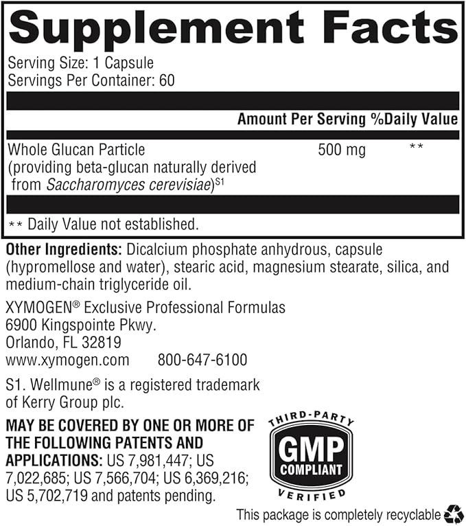 XYMOGEN ImmunotiX 500 - Supports Healthy Immune Function - Patented 1,3/1,6 Whole Glucan Particle Clinically Tested Worldwide - Beta-Glucan Derived from Saccharomyces cerevisiae (60 Capsules)