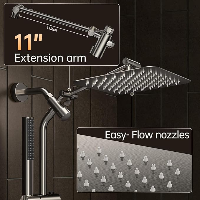 Veken Brushed Nickel Shower Head, 10'' All Metal Rain Shower Heads with Handheld Spray Combo, Hand Held Bathroom Combo with Extension Arm, Dual shower with Power Wash, Adjustable Rainfall Showerhead