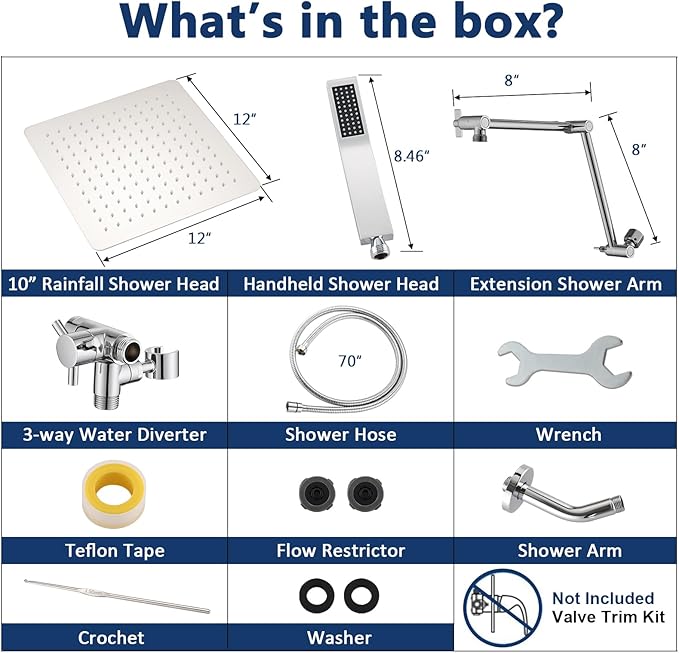 PDPBath All Metal 12" Rainfall Shower Head with 16" Upgrade Flexible Extension Arm, Shower Head with Handheld Combo,70" Extra Long Shower Hose, 3-Way Diverter, Chrome