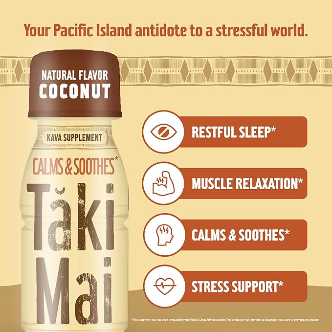 Taki Mai Coconut Kava Kava 2.5 oz (6-pack) Shots – Noble Kava Root Drink, Ready to Drink for Stress Support & Relaxation, Fast Acting Herbal Support for Calming Better Sleep and Balanced Mood