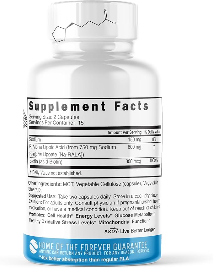 Nutri R Alpha Lipoic Acid 600mg Capsules - R Lipoic Acid Stabilized with Biotin - Active Form of R-ALA - 600 mg Clinical Dosage - Powerful Cellular Energy Support - 30 Vegan Capsules - RALA