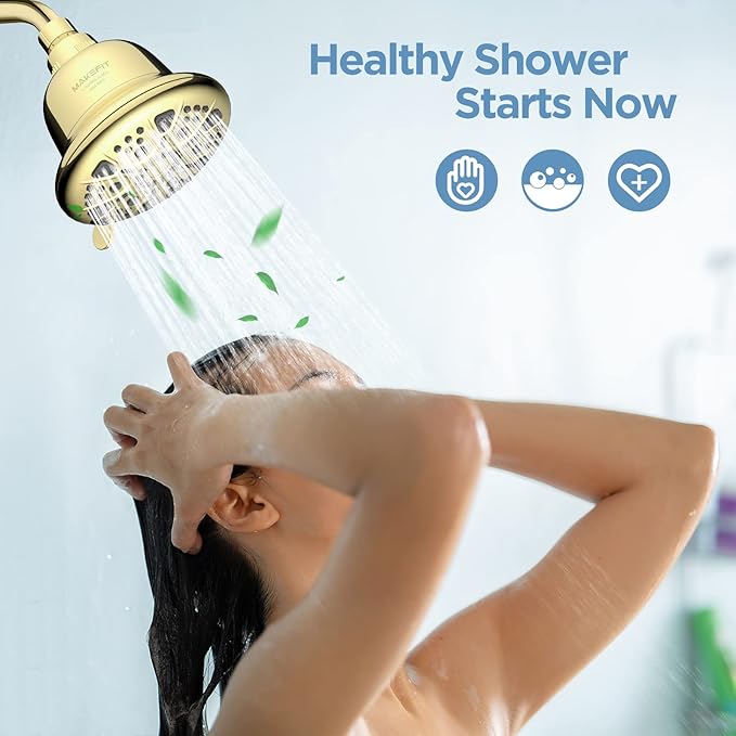 Filtered Shower Head - High Pressure Rain - Shower Head with filter for Hard Water - Luxury 7 Settings Adjustable Water Filter Showerhead (Gold)