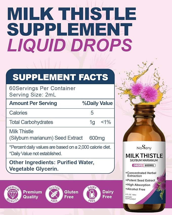 Milk Thistle Supplement, Silymarin Milk Thistle Extract for Liver Support, Cleanse, Detox, Antioxidant Support, Daily Liver Supplement, Vegan & Non-GMO, 4 FL OZ