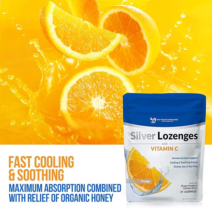 Silver Lozenges with Vitamin C - Premium Nano Silver 60 PPM Colloidal Silver, Organic Honey and Vitamin C Mineral Supplement Drops to Support Immune System, Soothe Cough & Throat - Pack of 2