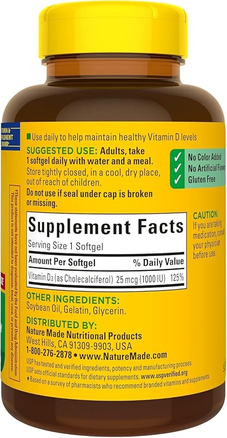 Vitamin D3 1000 IU (50 mcg), Dietary Supplement for Bone, Teeth, Muscle and Immune Health Support, 300 Softgels 300 Day Supply