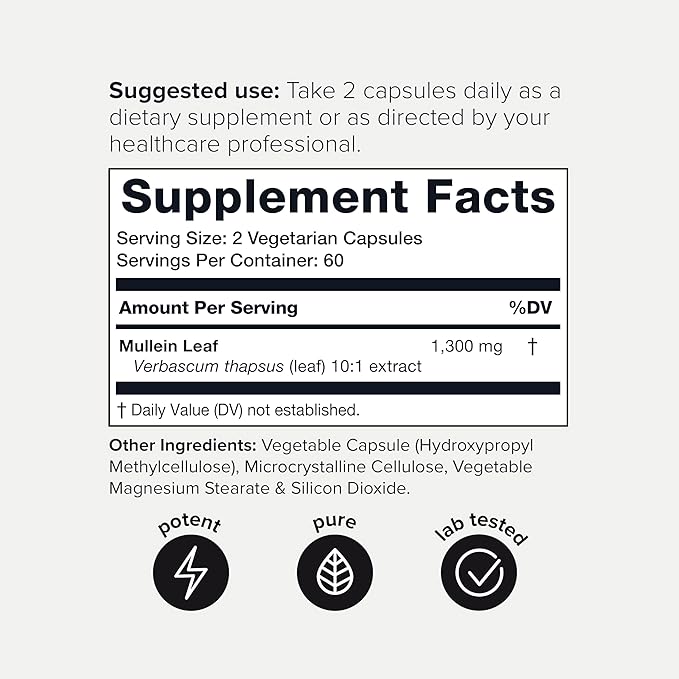 Mullein Leaf Capsules - Ultra High Potency 10:1 Extract - 1300mg Per Serving - Highly Concentrated - Third-Party Lab Tested - 120 Capsules
