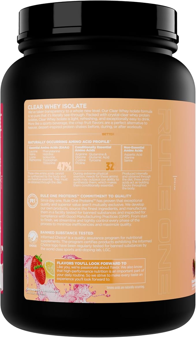Rule 1 Clear Whey Isolate - 20g All-whey Isolate Protein, Over 9g EAAs, 300mg of Electrolyte Minerals, 90 Calories, Light, Crisp, and Refreshing Taste (27 Servings, Strawberry Lemonade)