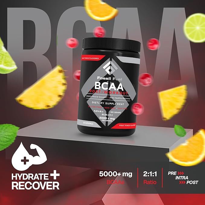 Fossil Fuel BCAA Sugar-Free Post-Workout Powder with BCAA’s, Glutamine, Vitamin B6 Essential Amino Acids for After Workout Muscle Recovery, Endurance and Hydration Fruit Punch (30 Servings)