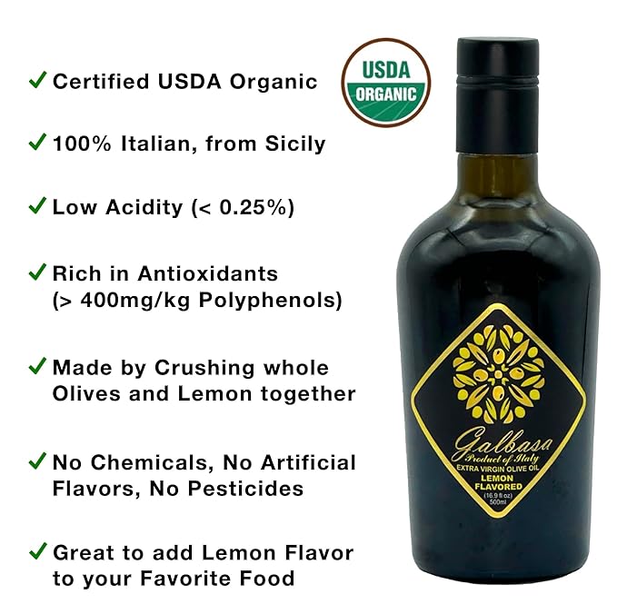 Galbasa - Organic Lemon Oil from Sicily, Italy - First Cold Pressed Extra Virgin Olive Oil and Fresh Lemons - Polyphenol Rich, No Pesticides | 16.9 fl oz
