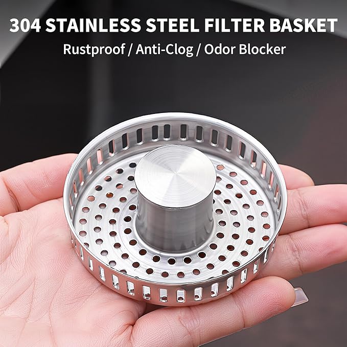 3-in-1 Kitchen Sink Drain Strainer Stopper – 304 Stainless Steel Pop Up Sink Plug with Filter Basket, Anti-Clog Design, Fits 3-1/2” US Standard Kitchen Sink Drains