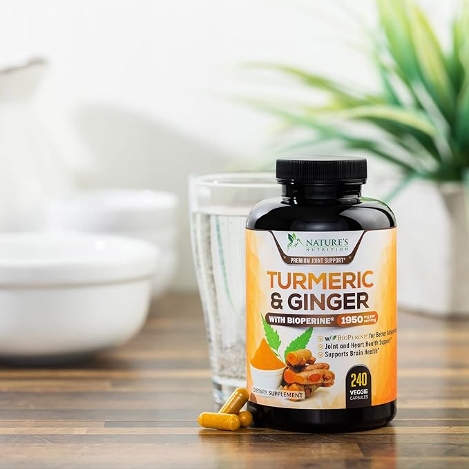 Turmeric Curcumin Supplement 1950mg - 95% Curcuminoids with Organic Turmeric & Ginger, BioPerine Black Pepper for Best Absorption, Nature's Vegan Joint Support, Non-GMO, Bottled in USA - 240 Capsules