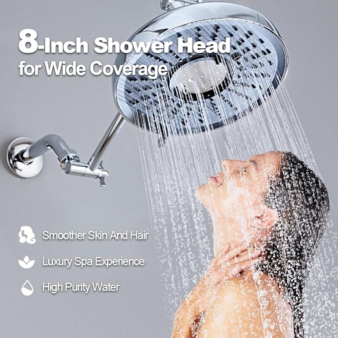 Filtered Shower Head High Pressure: 8-Inch Rain Showerhead with 18-Stage Filter for Hard Water Softener - Reduces Chlorine and Heavy Metals, Extension Rod Included (Polished Chrome)