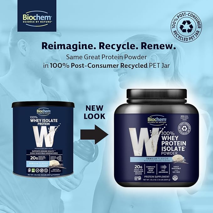 Biochem Whey Protein Isolate Powder - Vanilla Flavor, 20 Grams per Serving, Sourced from Grass Fed Cows, Non-GMO, Vegetarian, No Artificial Flavors or Sweeteners - Supports Muscle Mass & Performance