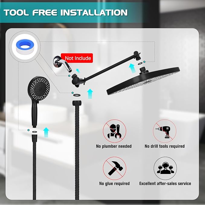 Shower Head 12'' High Pressure Rain Shower Head Combo, Filtered Handheld with 10 Water Spray, 3-Way Diverter Extension Arm Rainfall Showerhead, Adjustable Shower head with Anti-Clog Nozzles