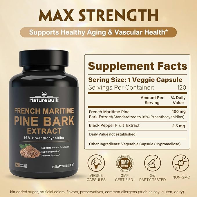 French Maritime Pine Bark Extract 400 mg, 95% Proanthocyanidins - Standardized 30X Extract, 120 Vegan Capsules