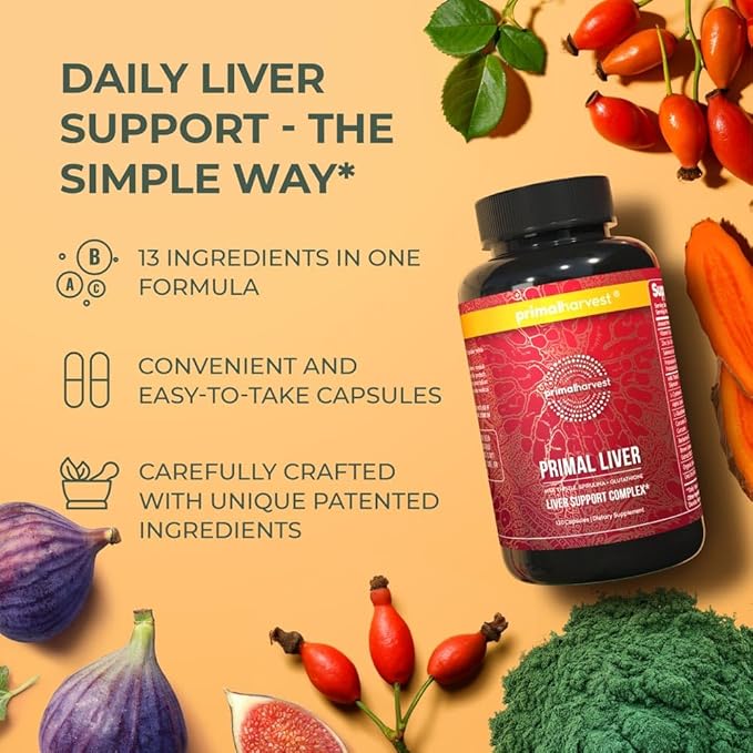 Primal Harvest Primal Liver 2 Pack, Liver Supplement with, Alpha-Lipoic Acid, L-Cysteine HCL, L-Glutathione, Milk Thistle, and Spirulina, for Men and Women, 240 Capsules (2)
