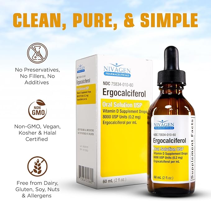 Vitamin D2 Liquid Drops 8,000 USP (Ergocalciferol) | 400 IU per Serving | 2 Drops Once Daily | 1,200 Servings, 60ml (2 fl. oz) | Faster Absorption | Bone, Muscle & Immune Support | Made in USA