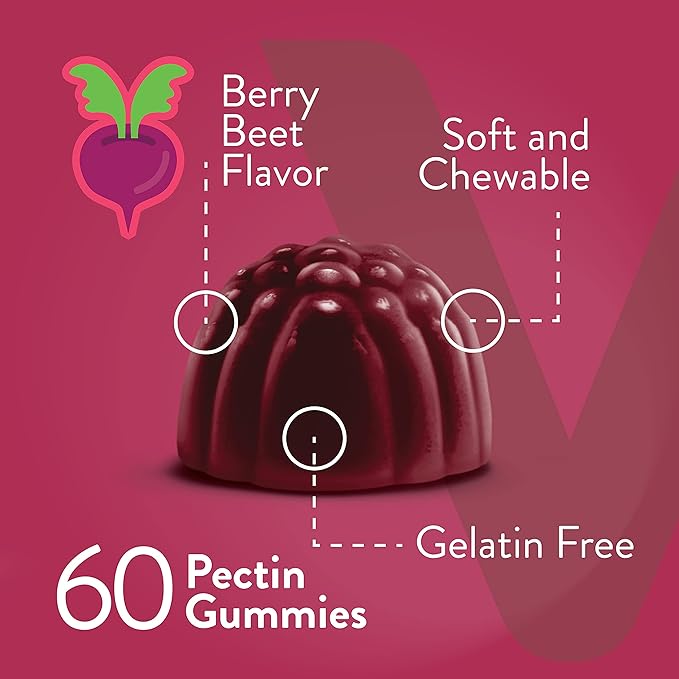 Viteey Beet Root Gummies with Magnesium & Vitamin C - Beetroot Supplement for Heart Health, Blood Pressure Support - Vegan, Gluten-Free - 60 Count