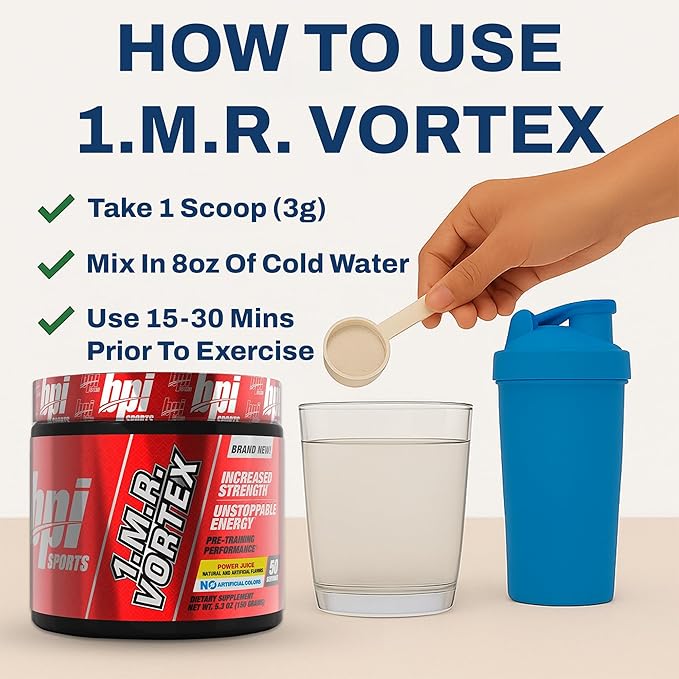 BPI Sports 1.M.R Vortex Pre Workout Powder – High Stim Preworkout for Men & Women with Glycerol, Caffeine, Niacin, and Herbal Extracts – Energy, Focus & Endurance – Power Juice – 50 Servings