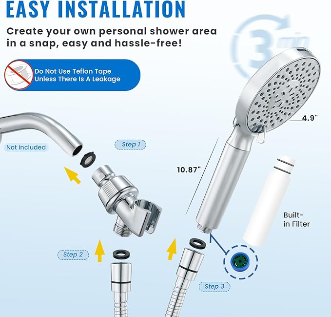 Filtered Shower Head with Handheld, High Pressure 9-Spray Modes Detachable Shower Head with Filter for Hard Water-Remove Chlorine & Impurities, Improve Skin & Hair Health, Chrome