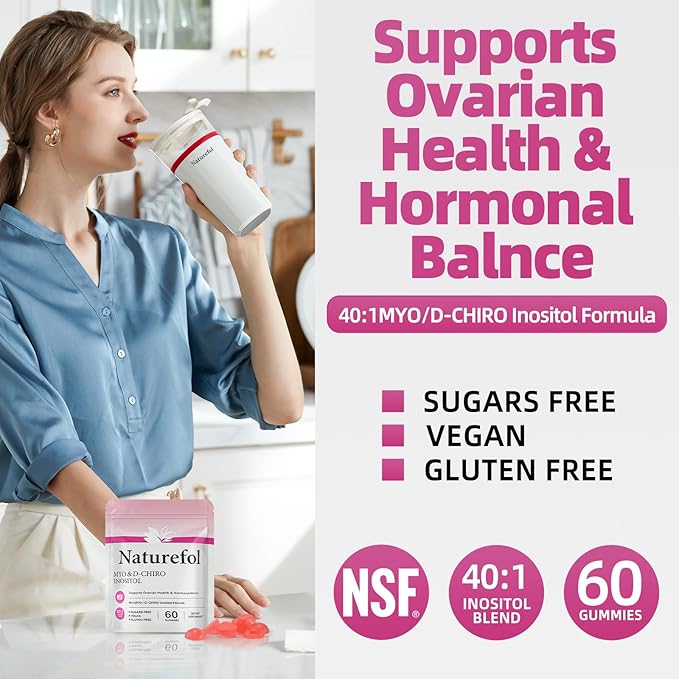 Myo & D-Chiro Inositol Gummies l Ideal 40:1 Gold Ratio| Female Hormone Balance and Ovarian Health Support| NSF |Non-GMO, Gluten-Free, Vegan, Sugar-Free| 30-Day Supply