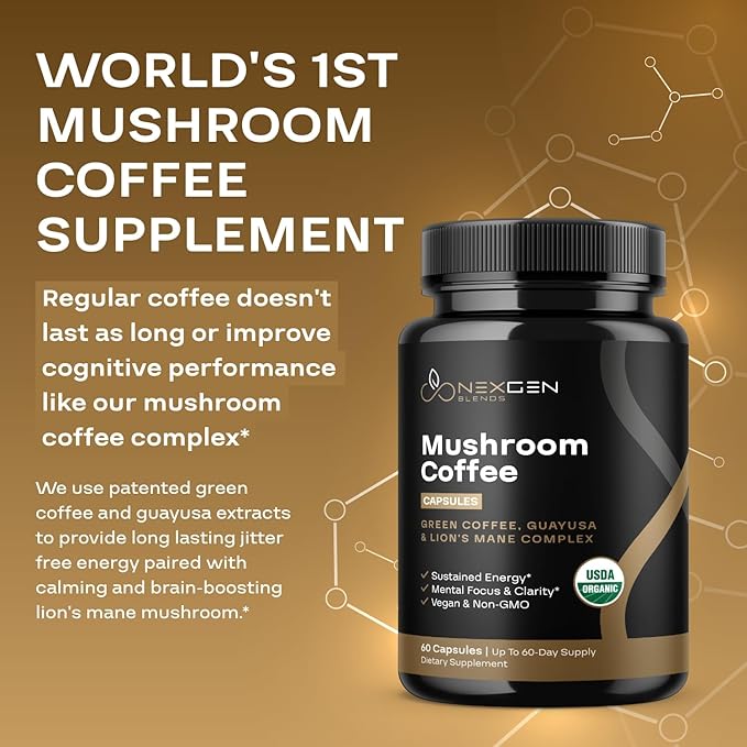 100% Organic Mushroom Coffee Capsules - Natural Energy Supplement with 130mg Caffeine from Clinically Proven Patented Green Coffee Bean & Guayusa Extracts for Jitter-Free Energy & Focus (60 Servings)