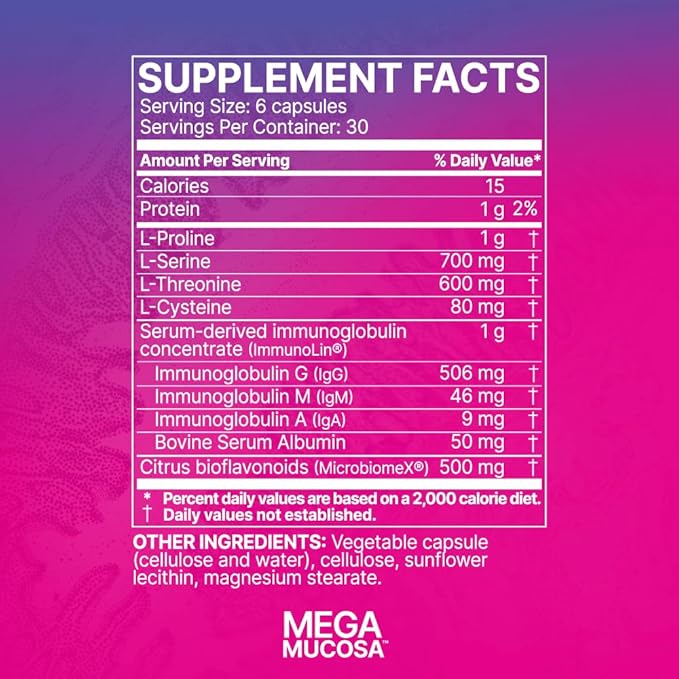 Microbiome Labs MegaMucosa - Amino Acids Supplement with Dairy-Free Immunoglobulins - Gut Health + Immune Support for Women & Men - for Complete Mucosal Support (180 Capsules)
