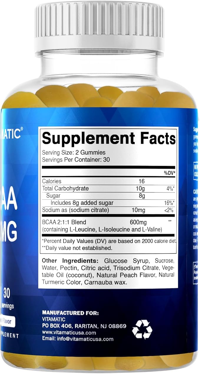 Vitamatic BCAA Gummies - Branch Chain Amino Acid Supplements - Peach Flavor - 600mg per Serving - 60 Vegan Pectin Based Gummies (2 Bottles)